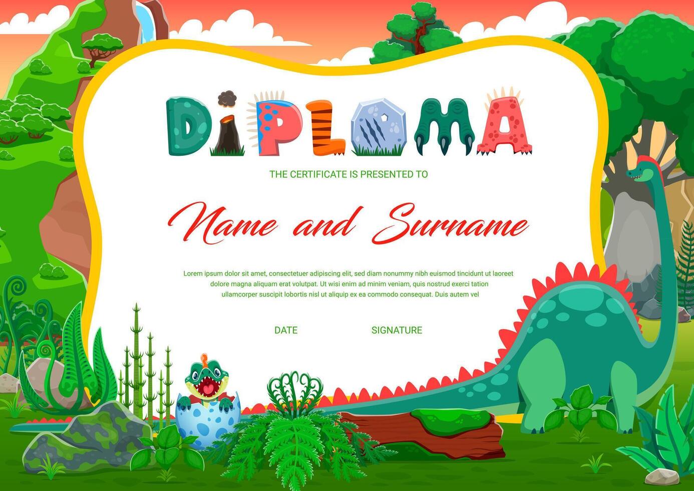 Kids diploma with funny dino kid and his mother vector
