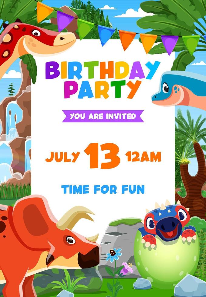Kids birthday party flyer with funny dinosaurs vector