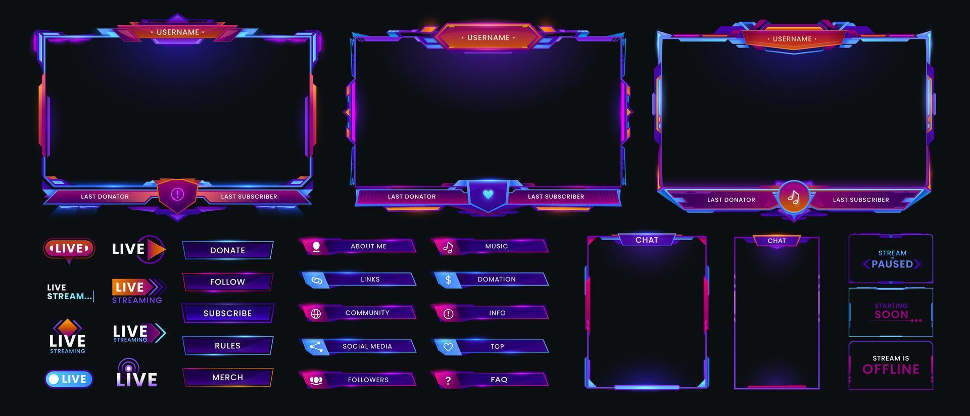 Neon overlay game screen, panel interface frames vector