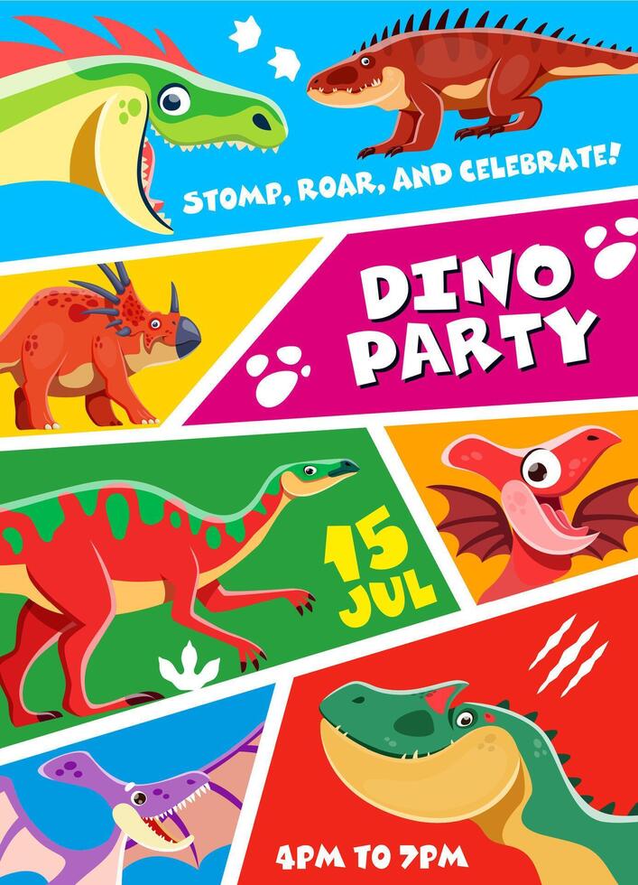 Kids dino party flyer with dinosaurs or funny dino vector
