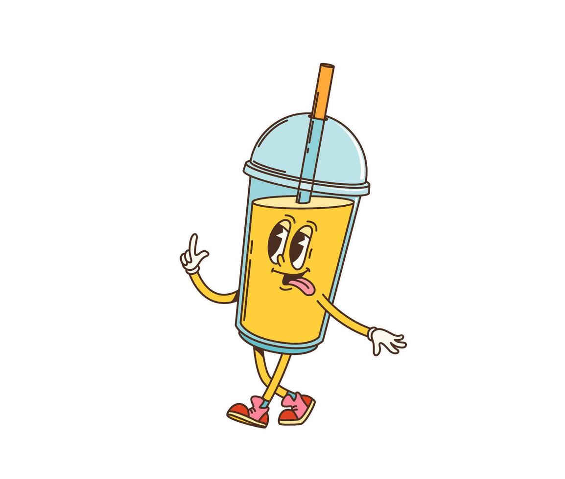 Retro cartoon groovy juice drink cup character vector