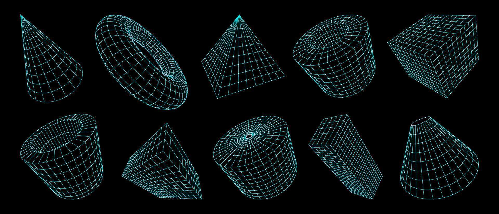 3D grid shapes, wireframe geometric figures set vector