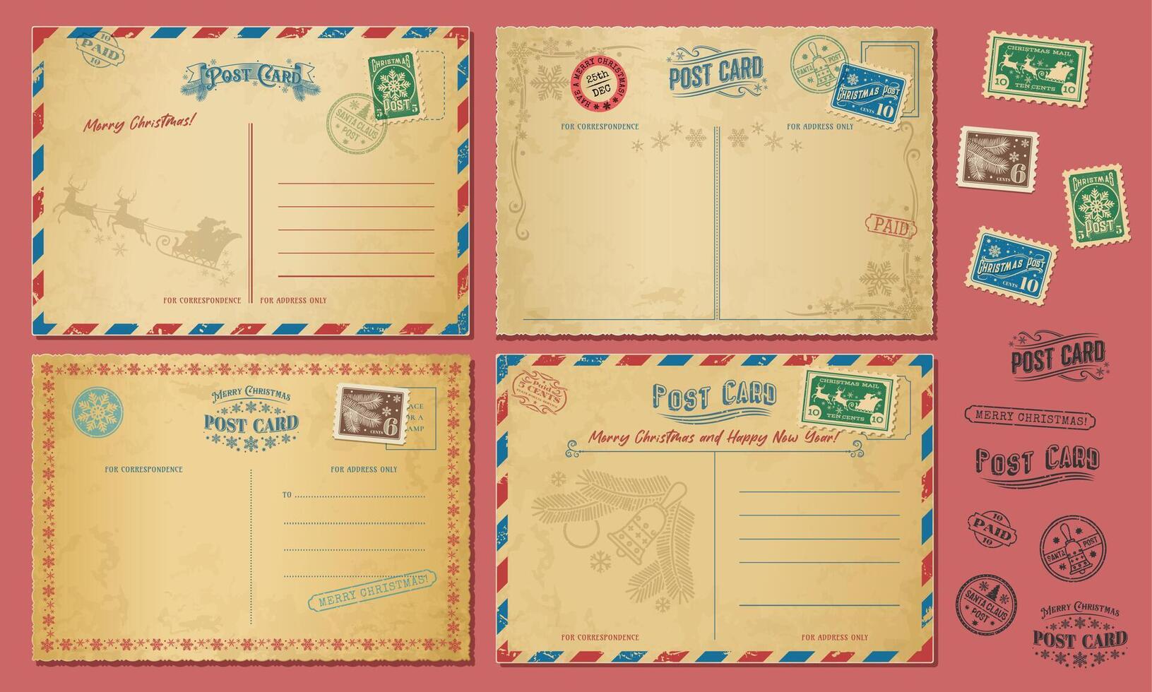 Christmas antique postcards, retro postage stamps vector