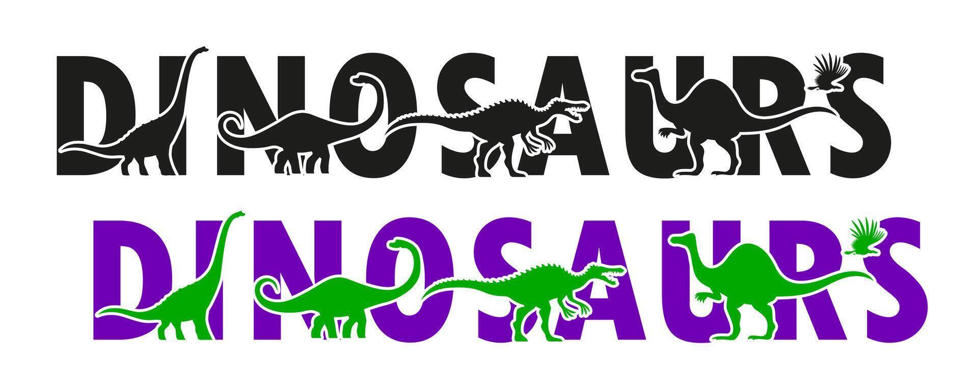 Dinosaurs silhouettes lettering, Jurassic lizards vector