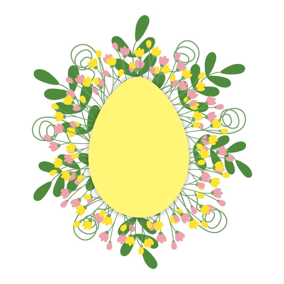 Egg shape frame with decorative blossom twigs and leaves. Easter greeting design template Isolated Copyspace. Greeting cards, posters, banner, brochure, price, label or web, promo illustration vector