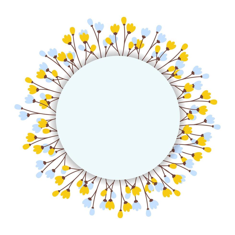 Abstract circle frame border with copy space inside and floral wreath of blossom twigs. Isolated. illustration Lettering or cards template, posters, banner, leaflet, greeting or web, price tag vector