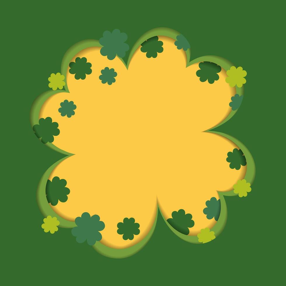 Clover leaf with four petals in Paper cut style. Copy space. St Patrick Day greeting template idea. Ireland Good luck symbol Top view. cards, poster, banner, price, label or web, promo concept vector