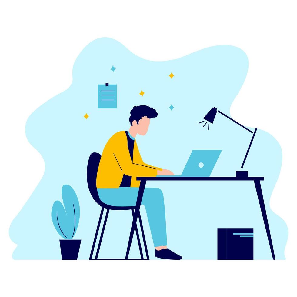 Flat Design Illustration of Man Employee Working with Laptop at Office vector
