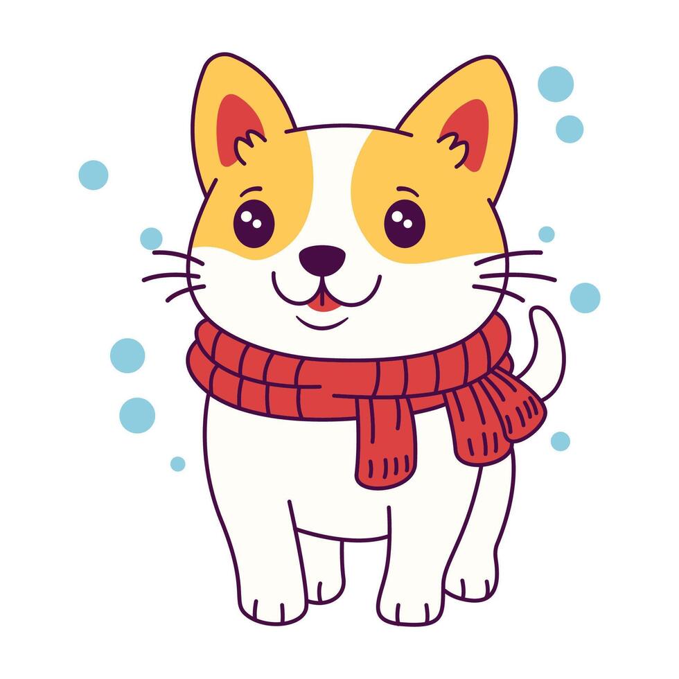 Cute Puppy Dog Pet Animal Character Wearing Scarf in Snow Season vector
