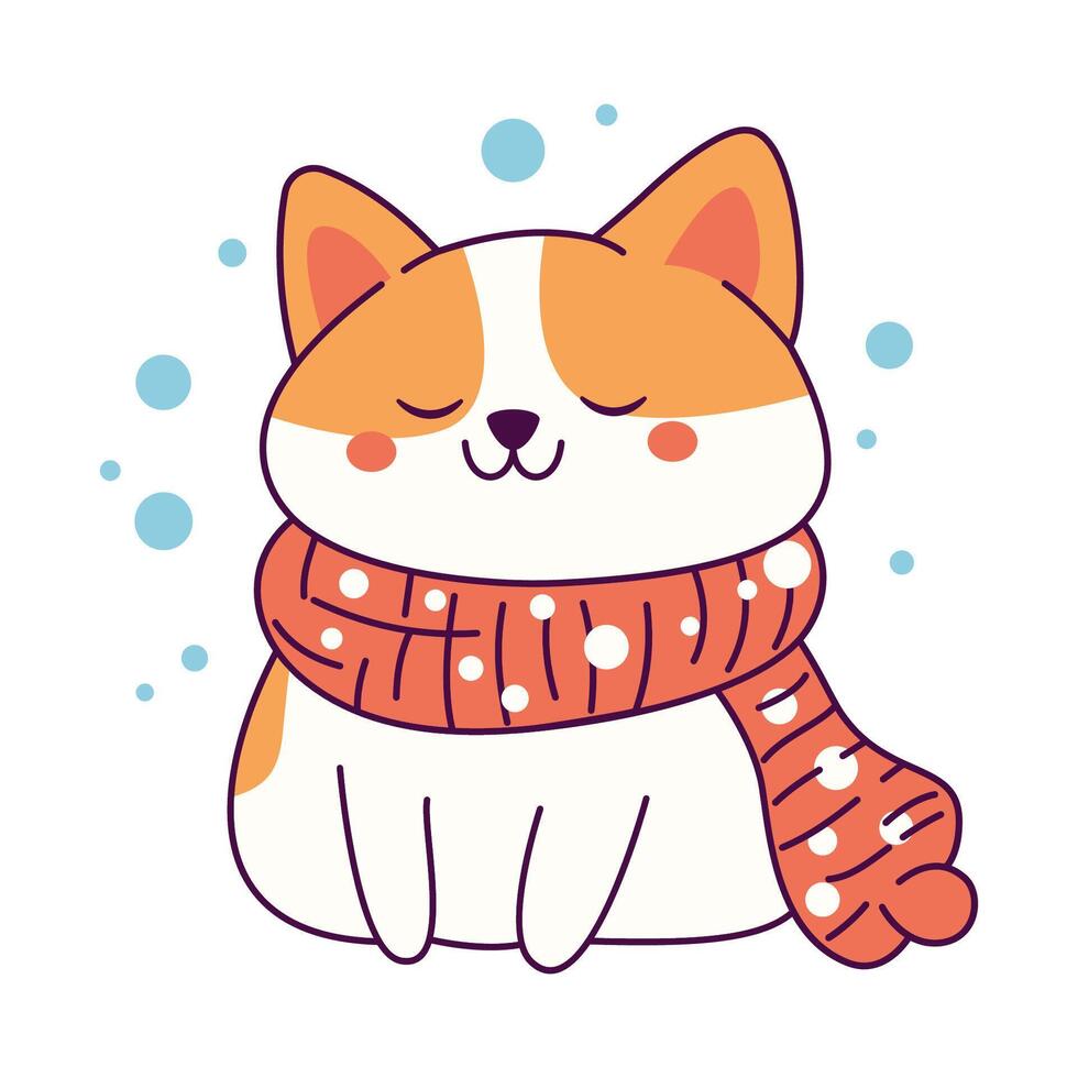 Cute Puppy Dog Animal Wearing Scarf Under Snow with Happy Expression vector