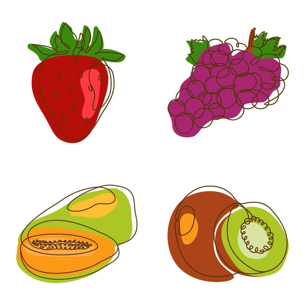 Strawberry Grape Papaya Kiwi Fruit Healthy Food in Line Art Style vector