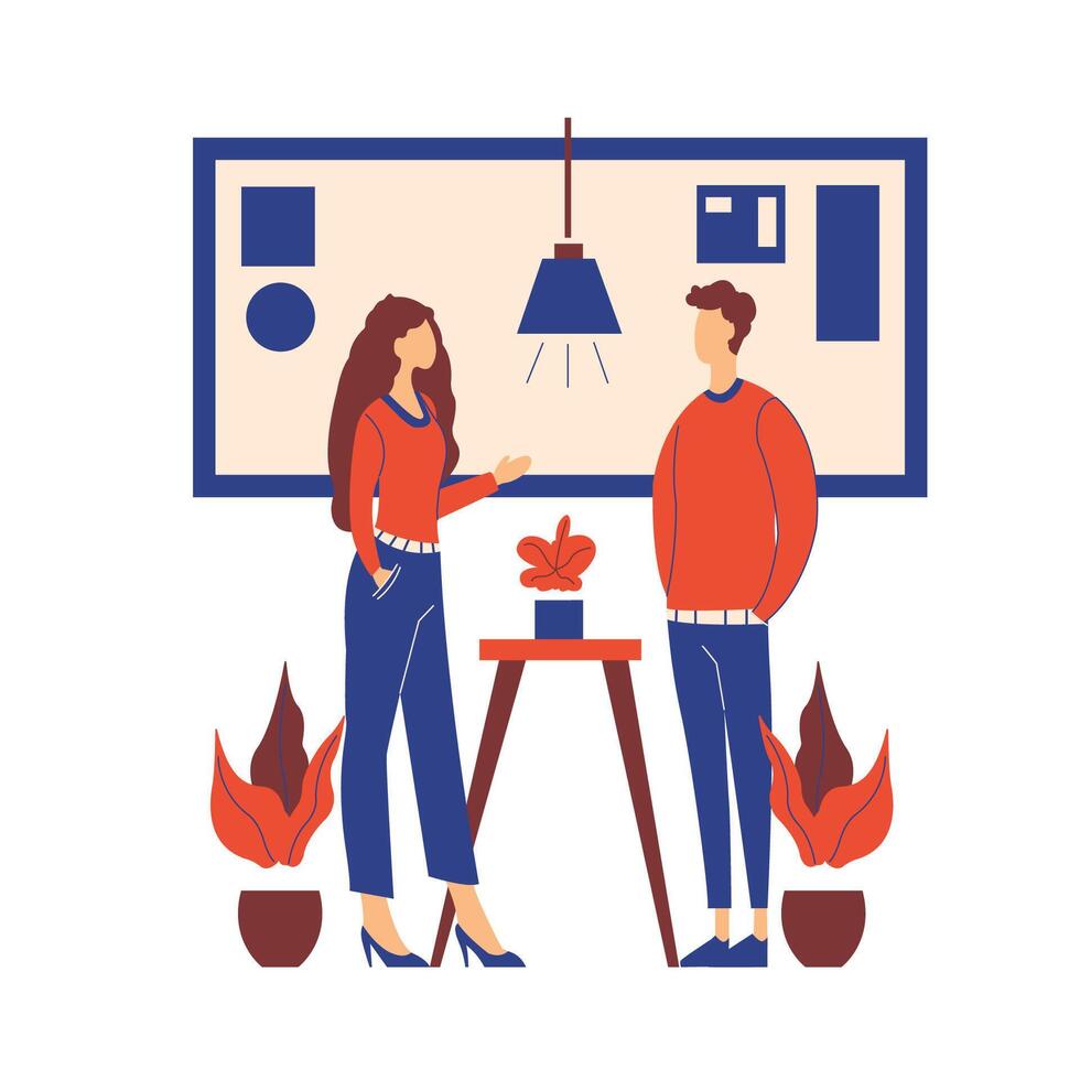Flat Design Illustration of Man and Woman Talking at Office vector