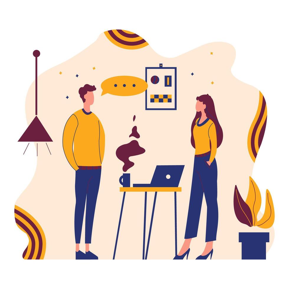 Flat Design Illustration of Man and Woman Standing While Discussing Talking at Office vector