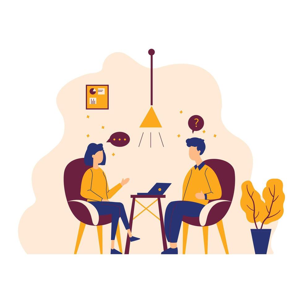 Flat Design Illustration of Man and Woman Sitting While Discussing Talking at Office vector