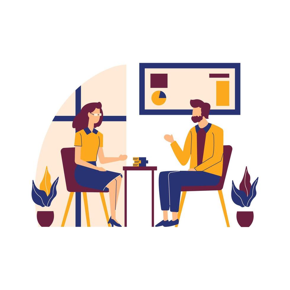 Flat Design Illustration of Man and Woman Discussing at Office vector