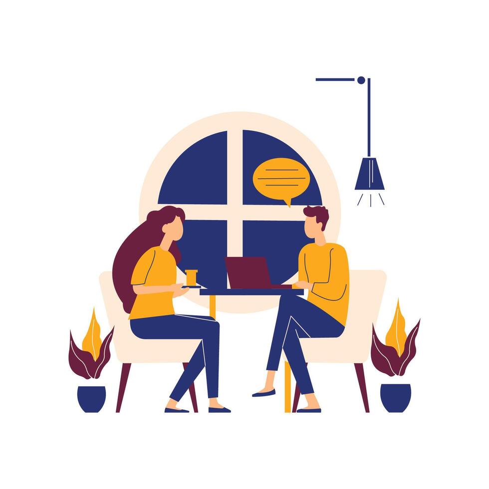 Flat Design Illustration of Man and Woman Working at Office While Talking vector