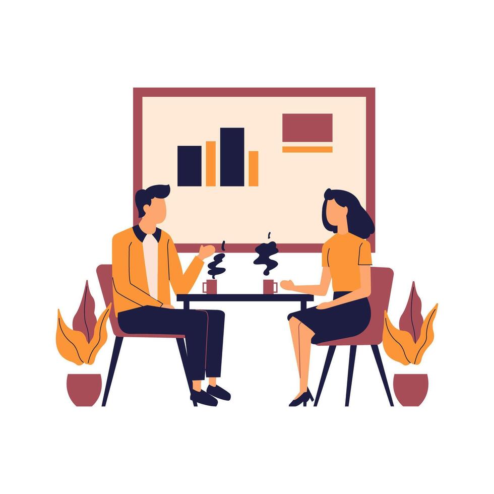 Flat Design Illustration of Man and Woman is Talking While Coffee Drinking at Office vector