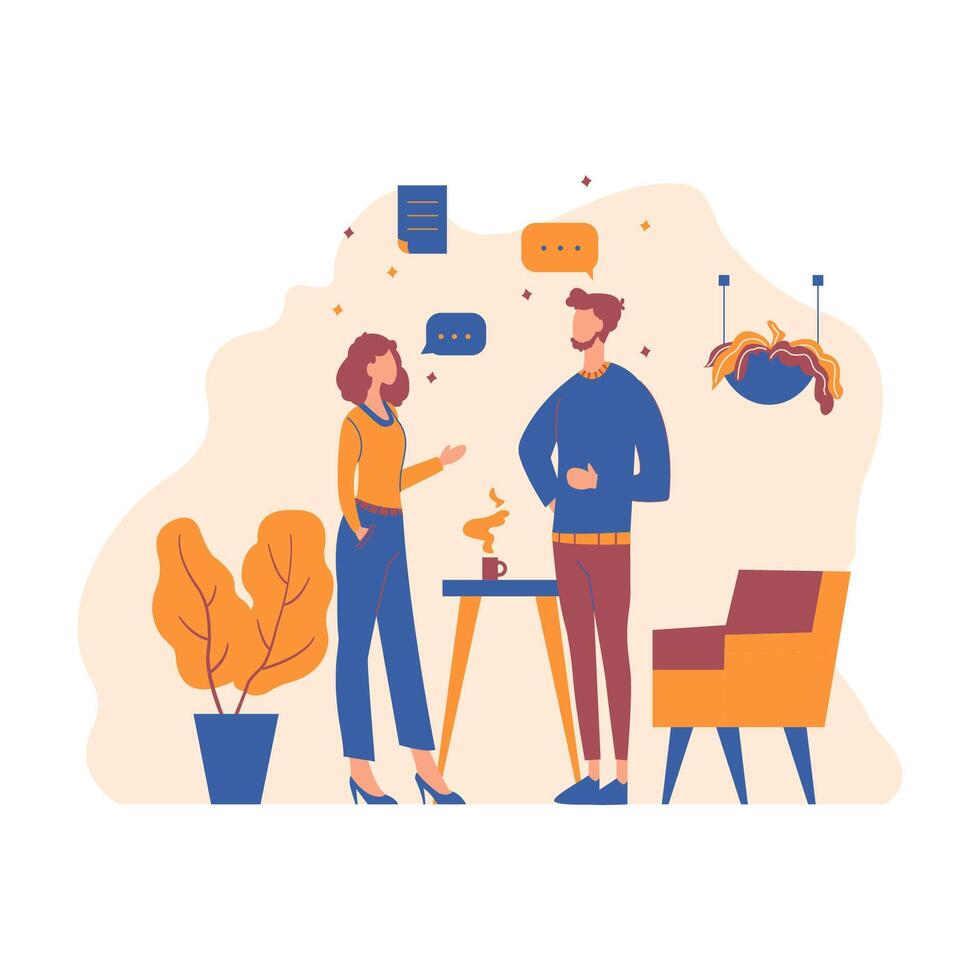 Flat Design Illustration of Man and Woman Discussing Talking at Office vector