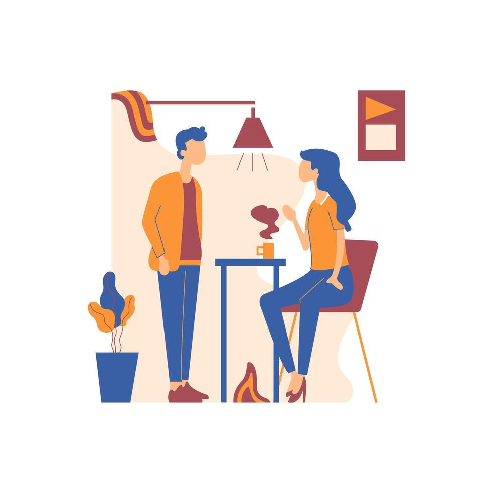 Flat Design Illustration of Man and Woman Working at Office While Discussing vector