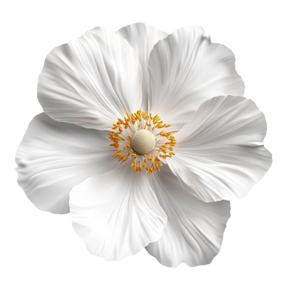 Digital Rendering of Single White Flower with Bright Yellow Center on Transparent background AI-Generative png