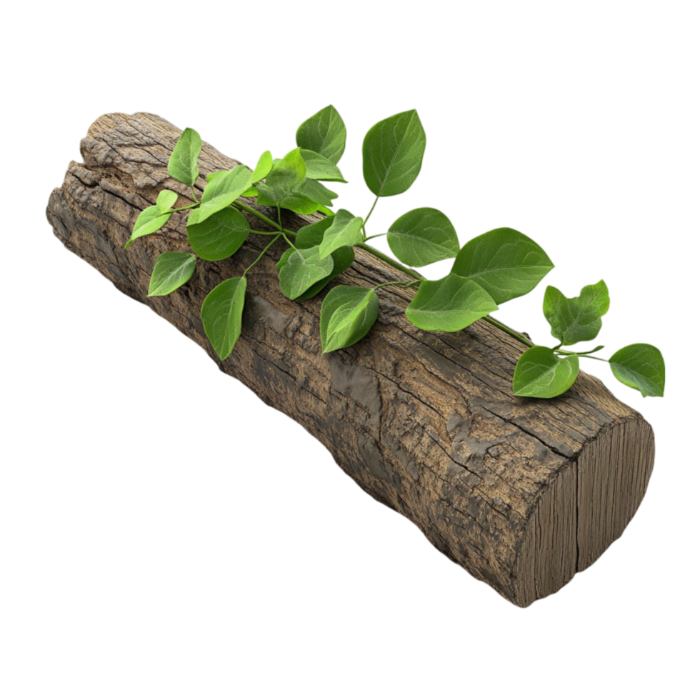 Fallen Tree Branch Log with Green Leaves on Transparent background AI-Generative png