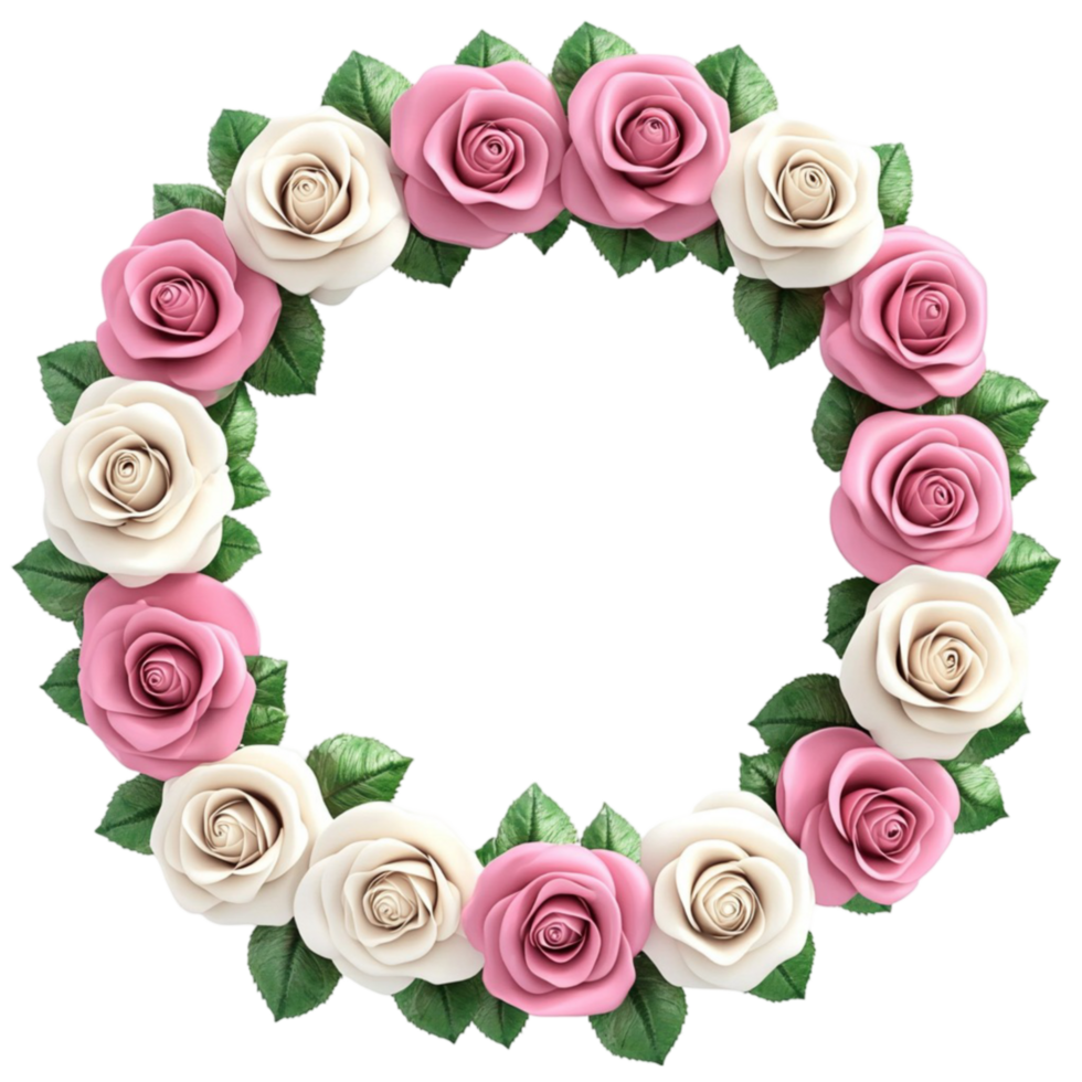 Circular Arrangement of Pink and White Roses with Green Leaves on Transparent background AI-Generative png