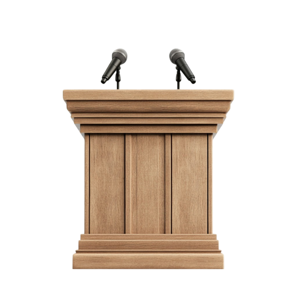 Wooden Podium with Curved Top and Two Microphones on Transparent background AI-Generative png