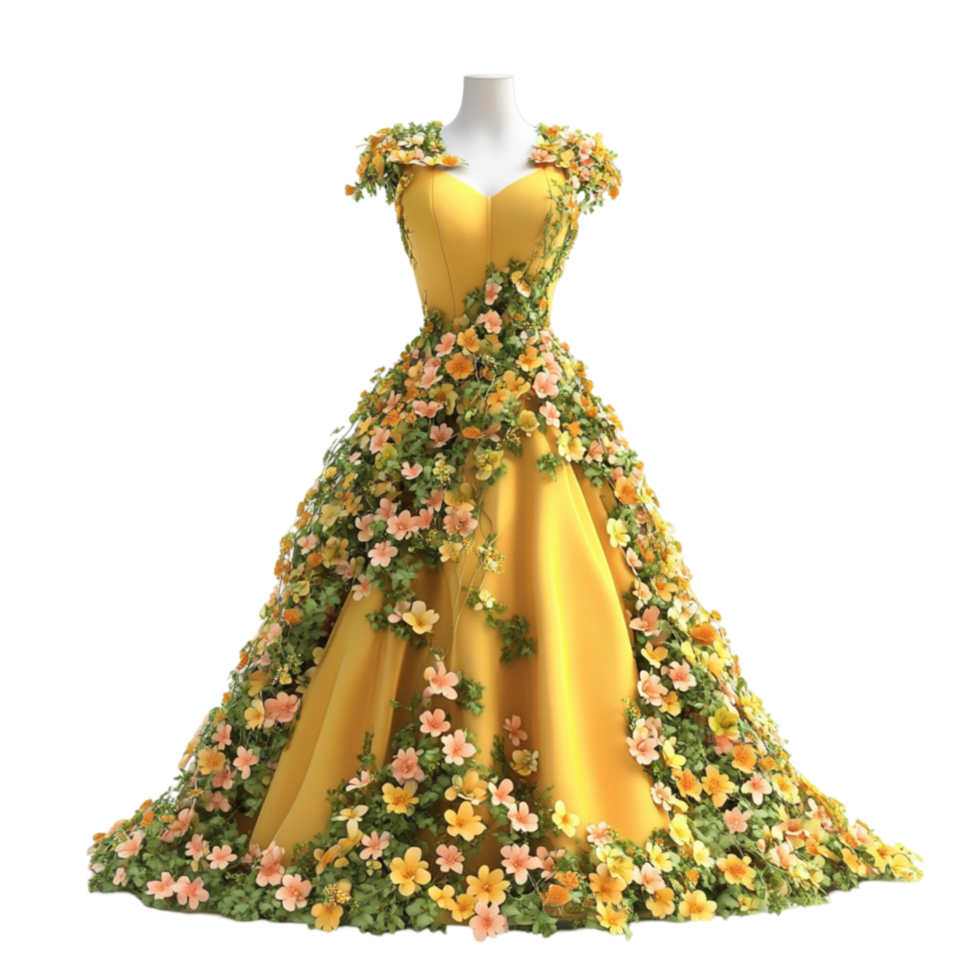 Yellow Floral Pattern Dress with V-Neck and Fitted Waist Displayed on Transparent background AI-Generative png