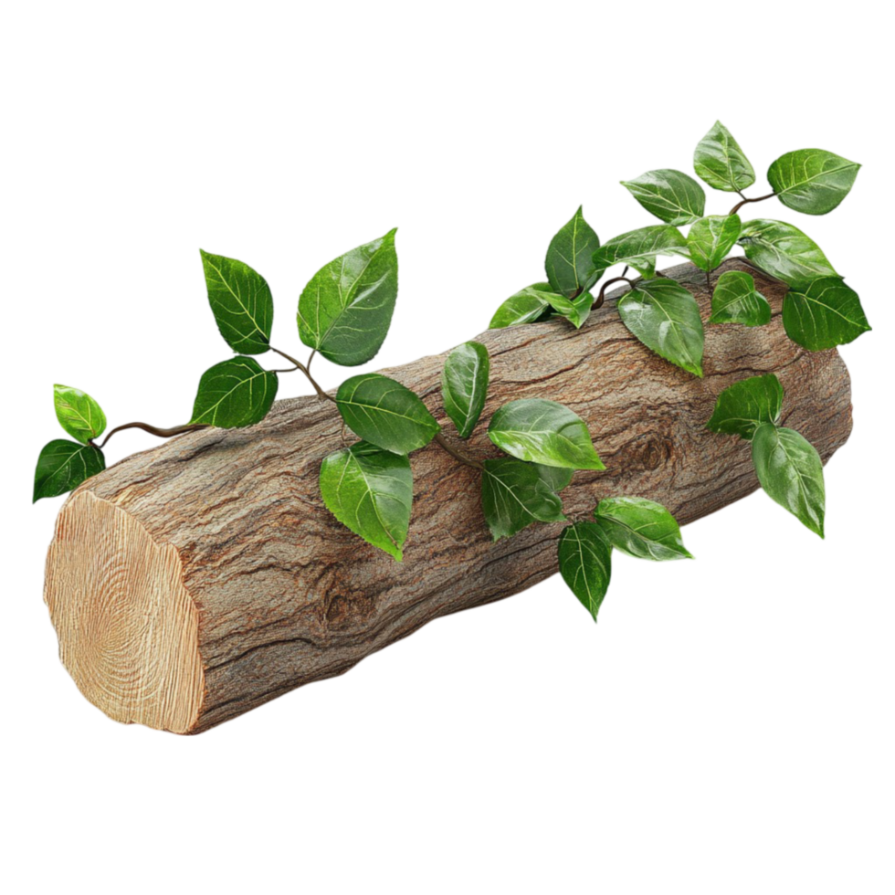 The image shows a log with vibrant green leaves and a brown stem, against a AI-Generative png