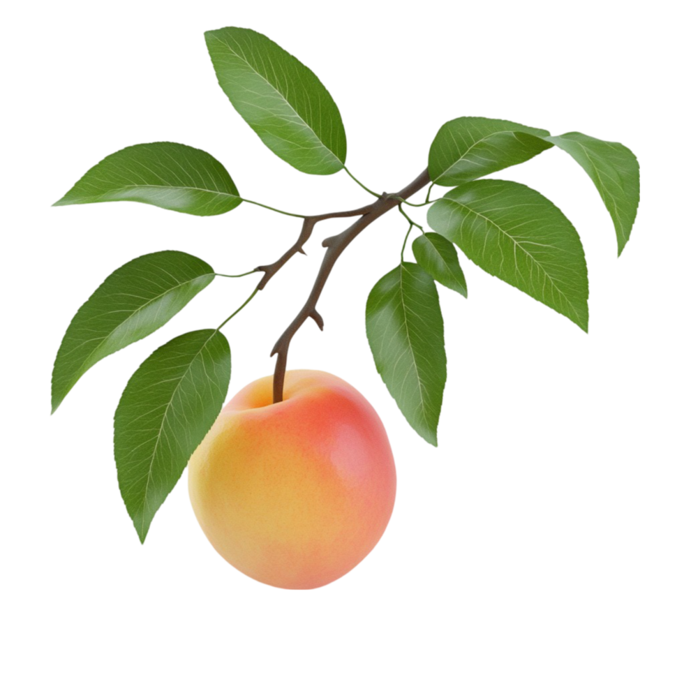 Peach on Branch with Leaves on Transparent background AI-Generative png