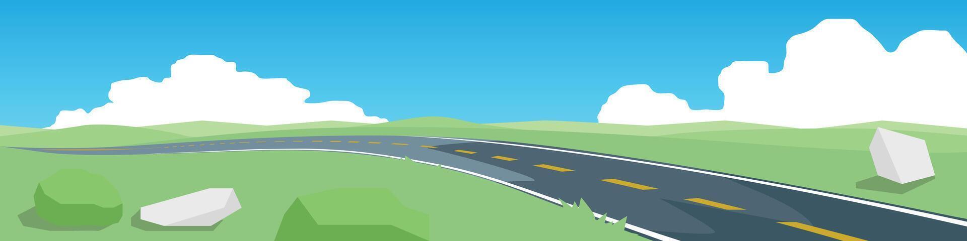 Curvy road on the hill. Asphalt road leading to the destination ahead. Rolling hills and green fields. or Illustration transport and nature background for banner. vector