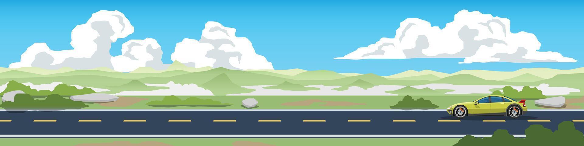 Travels of sport sedan car of yellow color with driving for banner. Asphalt road near the hillside with a view of distant mountains and mist at the foot of the hills. Under blue sky and white clouds. vector