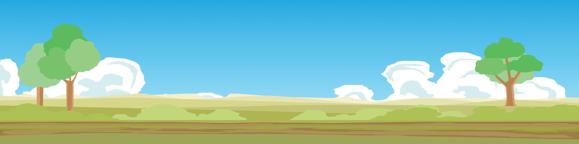 Horizontal and Landscape empty space for banner. Meadow with dirt road with grass growing in the middle of the road. Surrounded by green grass and trees. Under blue sky and white clouds. vector