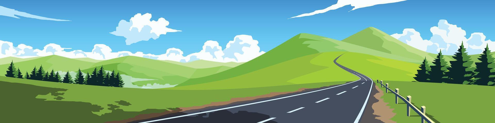 Curvy road on the hill. Asphalt road leading to the destination ahead. Rolling hills and green fields. forests and fog in the valley. or Illustration transport and nature background for banner. vector