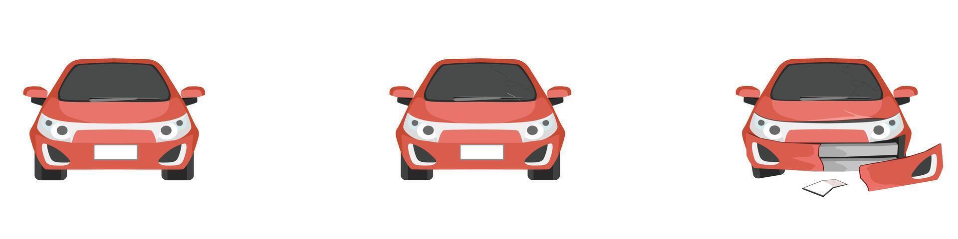 Cartoon or illustration. Status front of the soft red car from normal car to the car was slightly damaged. until the car was severely damaged Damage the entire front. vector