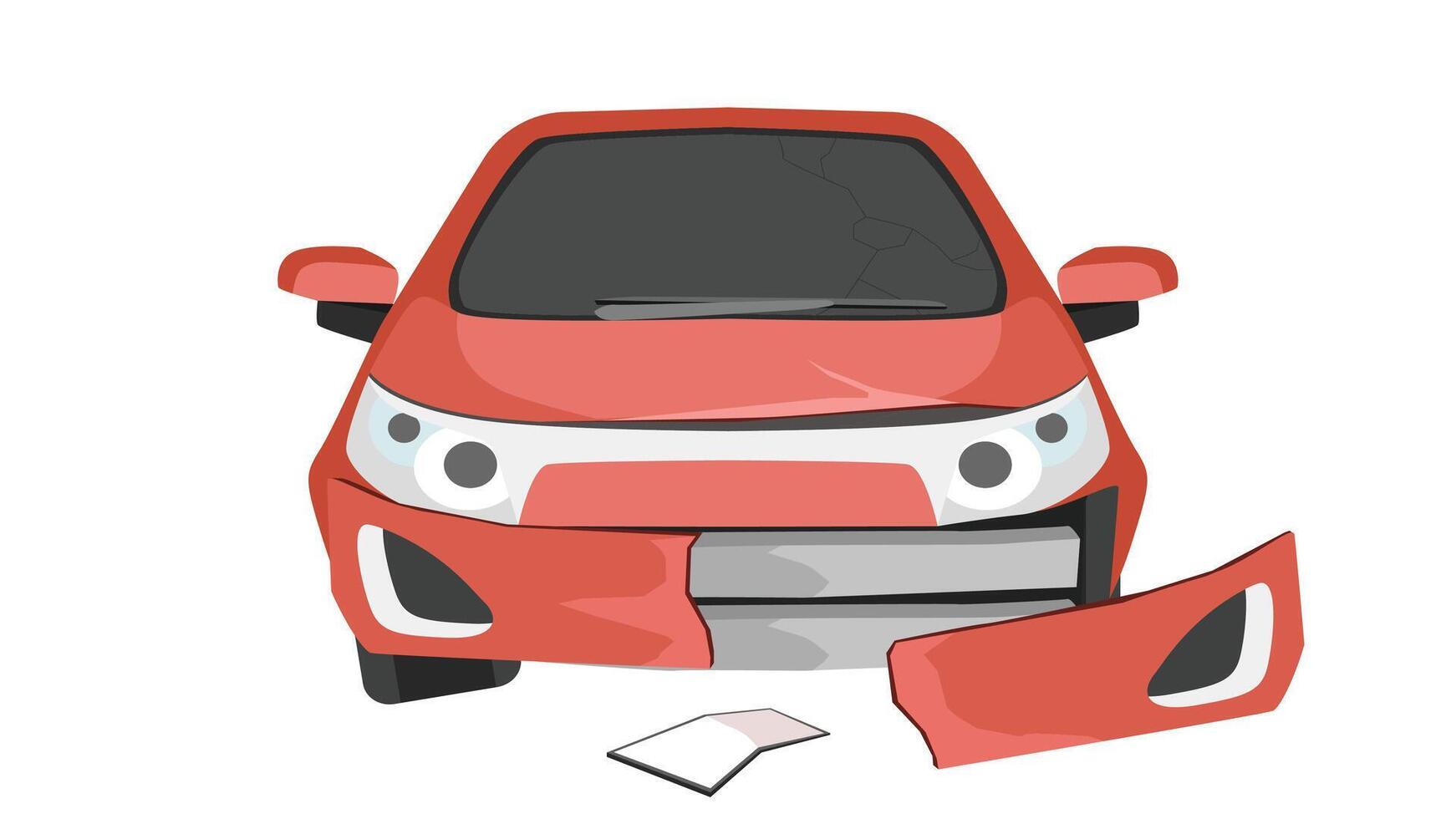 Cartoon or illustration of soft red car view from front car. front bumper is broken. Isolated white background. vector