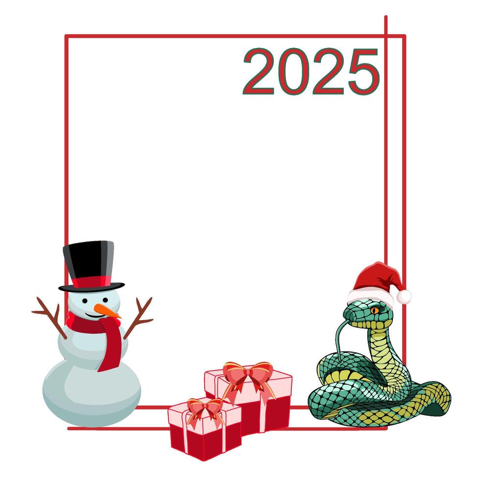 Holiday frame with snake, snowman, and presents vector