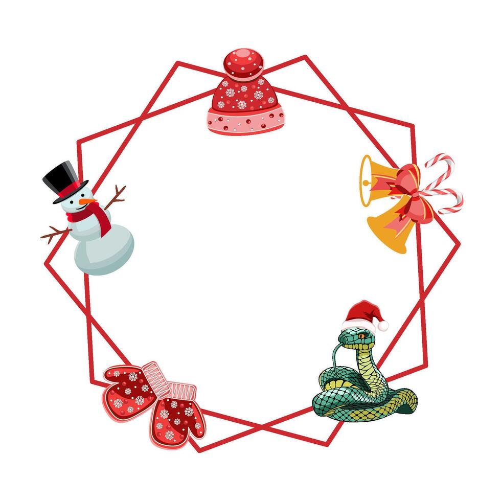 Holiday frame with snake, snowman, mittens, and bells vector