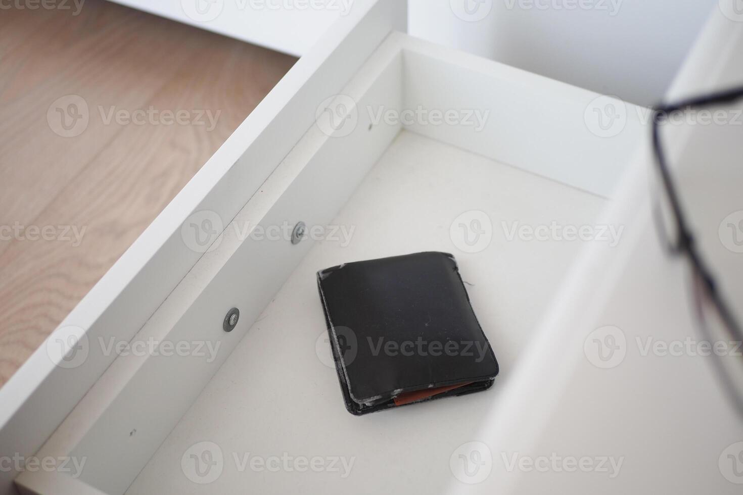 a wallet in a open drawer closeup. photo