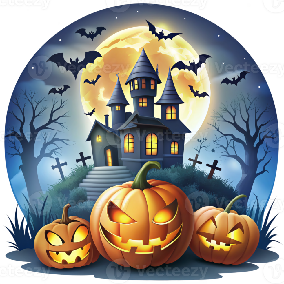 Spooky halloween scene with glowing jack-o'-lanterns, haunted house, bats, and full moon, perfect for seasonal designs, party invites, or themed promotions png