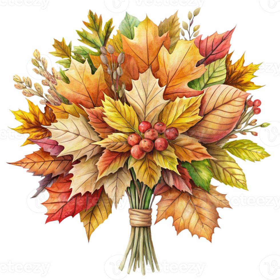 Autumn leaves bouquet with red berries, vibrant fall foliage, thanksgiving decor, seasonal harvest, colorful nature design, festive autumnal arrangement, rustic elegance png