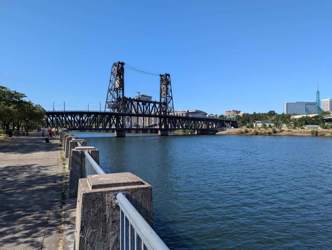 Portland, Oregon, USA - 07.10.2024 View of the Steel Bridge across the Willamette River. Portland, Oregon, USA photo