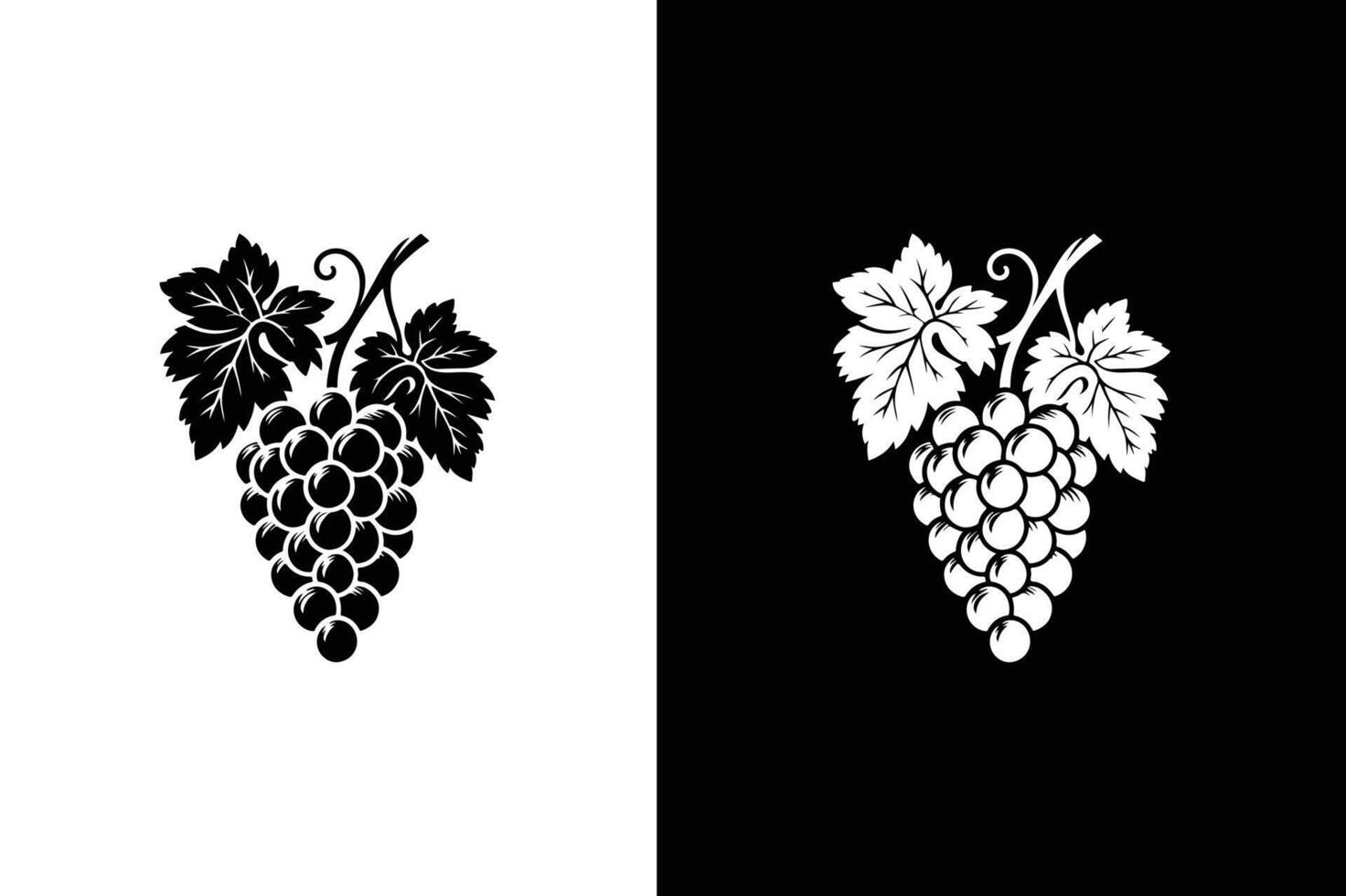 Fruits food grape silhouette icon illustration. Bunch of grapes with leaf flat icon for food apps black white background vector