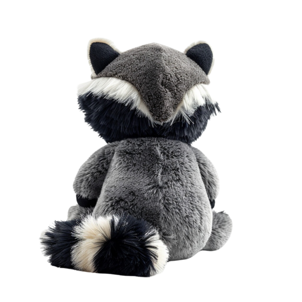 A single cute raccoon toy, soft toy back view isolated on transparent background png