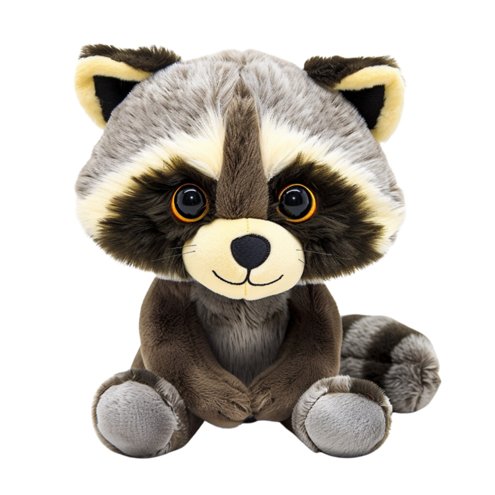 A single cute raccoon toy, soft toy front view isolated on transparent background png