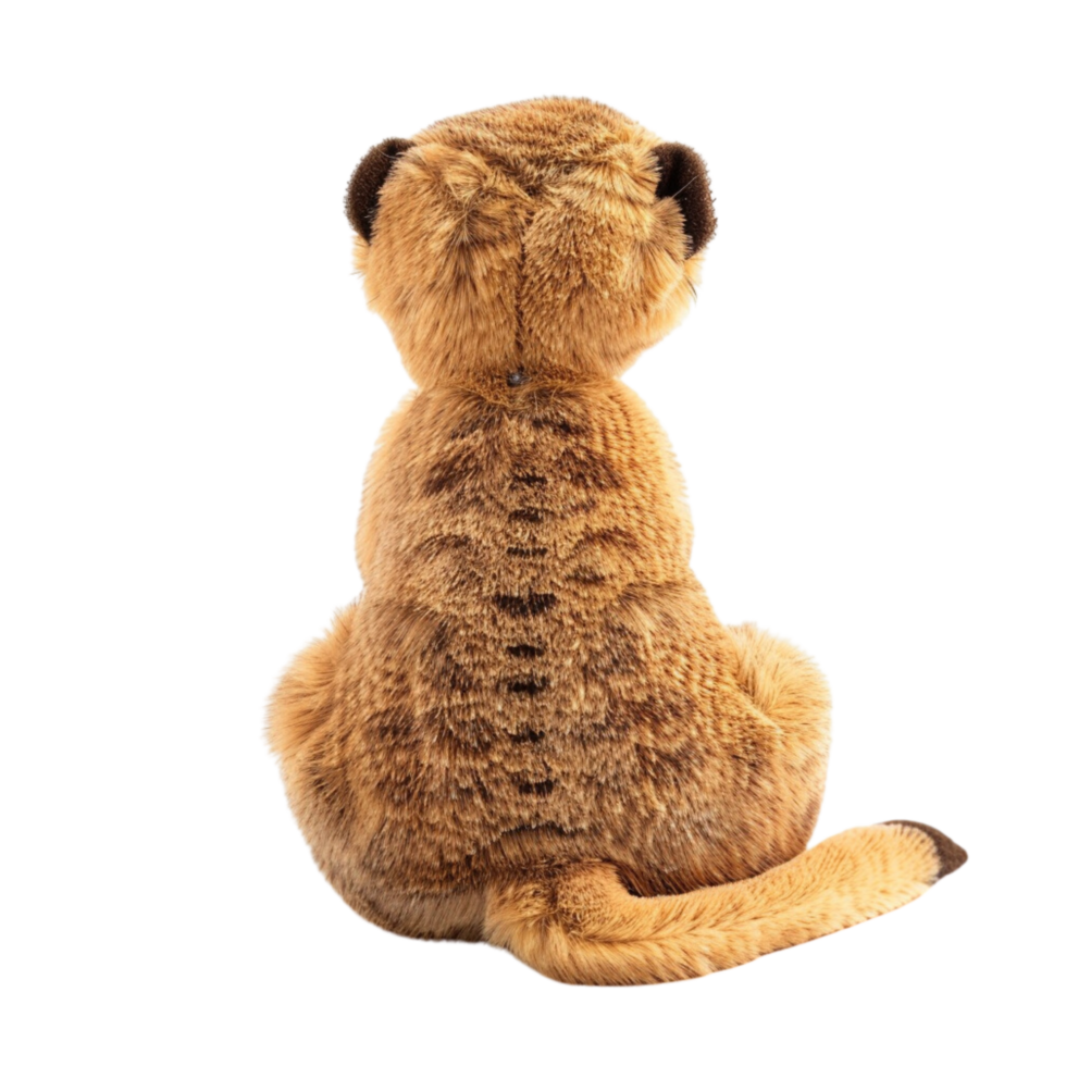 A single cute meerkat toy, soft toy back view isolated on transparent background png