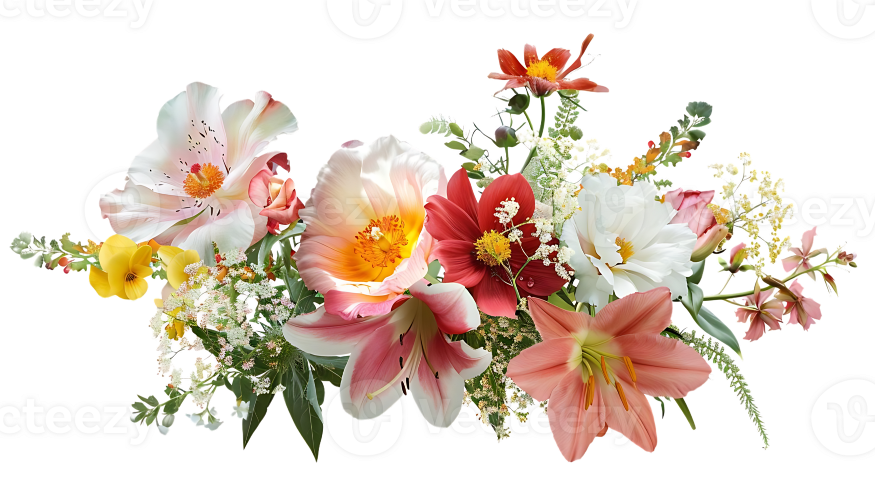 Vibrant Bouquet with Pink, White, and Red Flowers on a Transparent Background png
