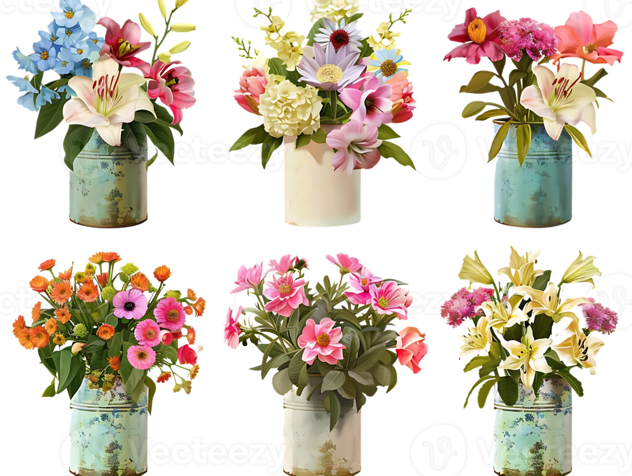 Colorful Flower Arrangements in Vintage Tins with a Transparent Background png