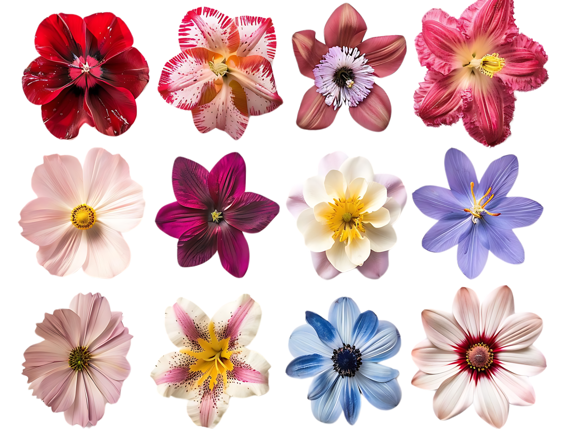 Blooming Flowers on a Transparent Background, Vibrant Colors in Full