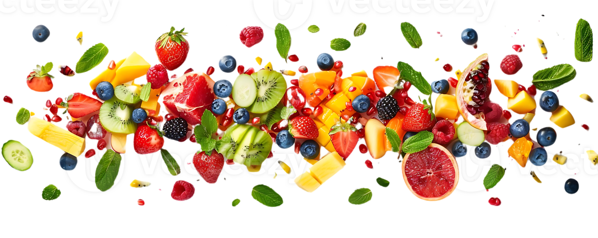 Fresh Fruits Falling with Transparent Background, a Vibrant Display of Mango, Kiwi, Strawberry, and More png